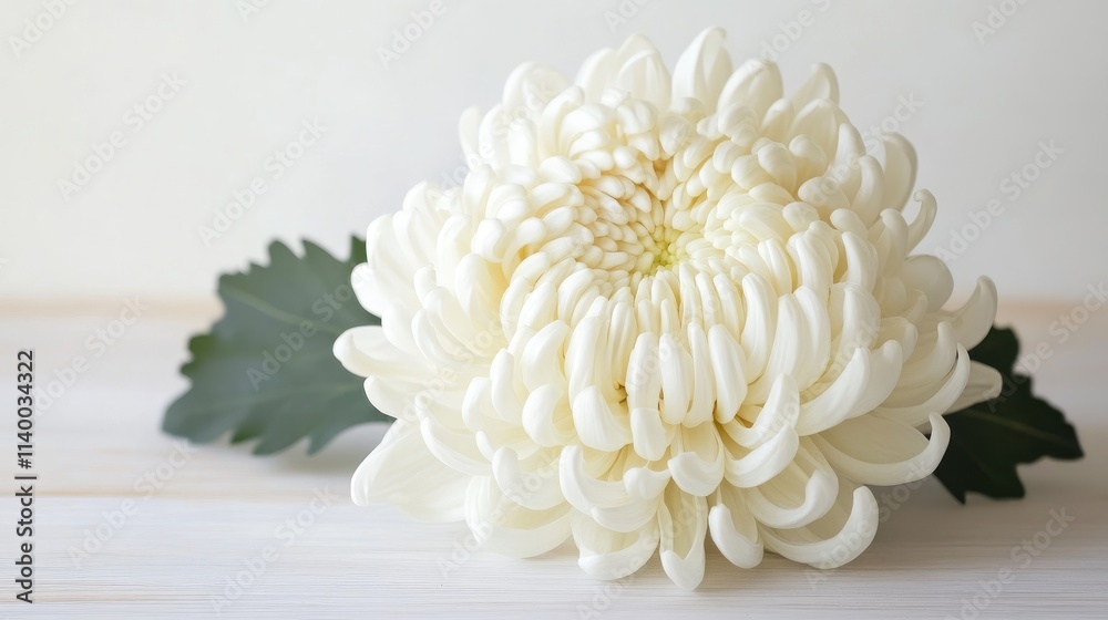 Elegant white chrysanthemum flower on a rustic white wooden background with green leaves enhancing its natural beauty and simplicity. Elegant white chrysanthemum flower on a rustic white wooden background with green leaves enhancing its natural beauty and simplicity.