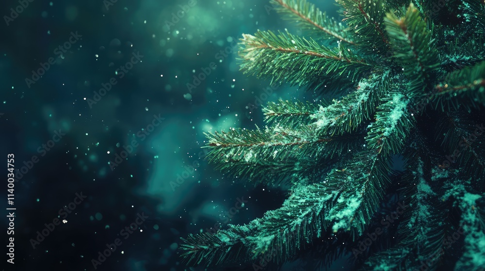 Snowy Christmas tree branches with a dark festive background creating a serene winter holiday atmosphere. Snowy Christmas tree branches with a dark festive background creating a serene winter holiday atmosphere.