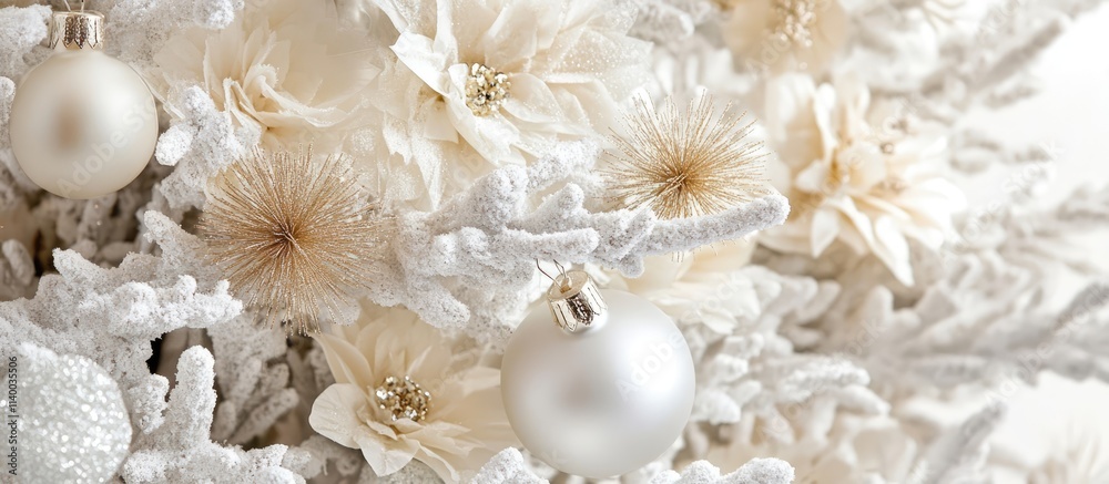 Elegant close-up of a beautifully decorated white Christmas tree featuring delicate flowers and shimmering ornaments Elegant close-up of a beautifully decorated white Christmas tree featuring delicate flowers and shimmering ornaments