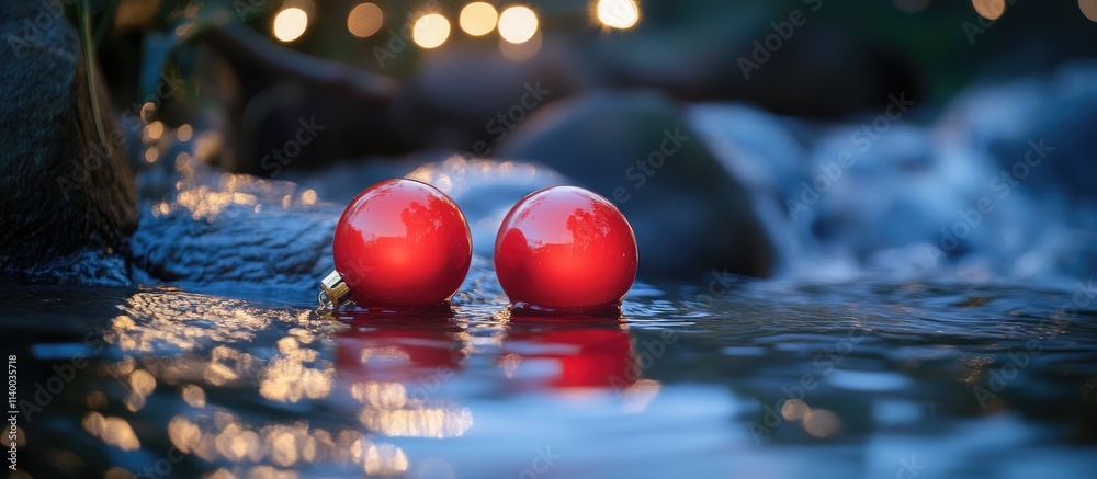 Fototapeta premium Christmas Ornaments in Stream with Bokeh LED Lights Red Balls Reflection in Water Capturing Holiday Spirit and Festive Atmosphere