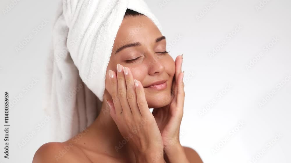 A close-up of a smiling woman with radiant skin, wrapped in a towel turban after completing her skincare routine. Perfect for beauty, skincare, and wellness promotions focusing on natural beauty and