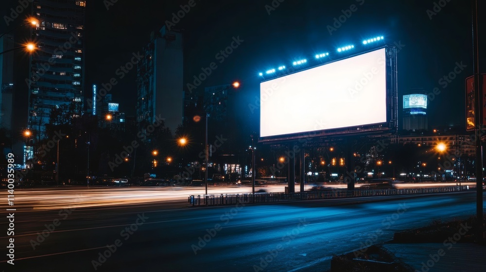 Illuminated Billboard with Spotlights at Night Illuminated Billboard with Spotlights at Night