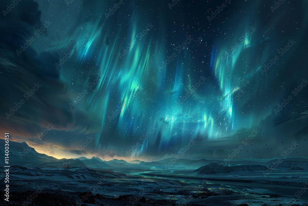 The aurora borealis illuminates the night sky above a serene, snowy landscape, creating a breathtaking natural display. The Northern Lights dancing over a barren tundra . The aurora borealis illuminates the night sky above a serene, snowy landscape, creating a breathtaking natural display. The Northern Lights dancing over a barren tundra .