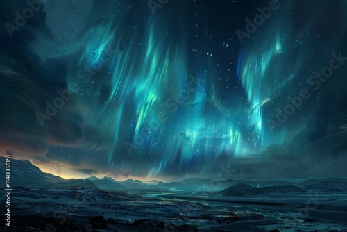 The aurora borealis illuminates the night sky above a serene, snowy landscape, creating a breathtaking natural display. The Northern Lights dancing over a barren tundra .