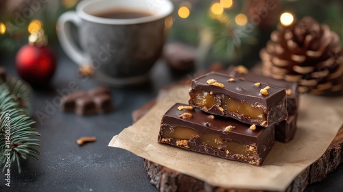 Vegan caramel chocolate candy bars with coffee in a festive holiday setting decorated with pinecones and Christmas ornaments photo