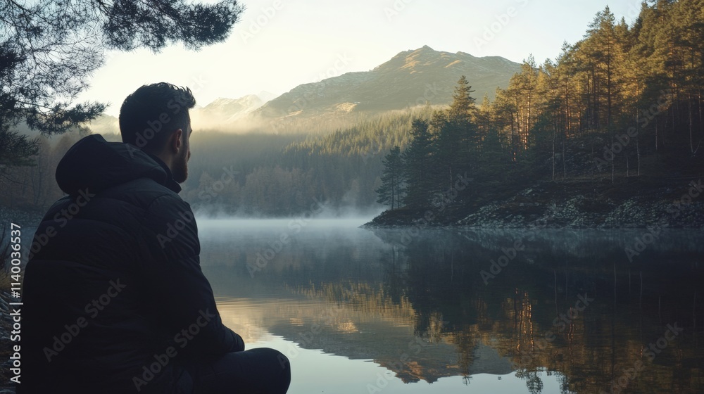 A man sitting by a peaceful lake, reflecting on nature as the sun rises over the mountains, creating a serene atmosphere.