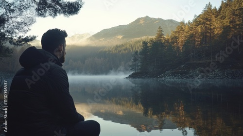 Obraz na płótnie A man sitting by a peaceful lake, reflecting on nature as the sun rises over the mountains, creating a serene atmosphere. w salonie