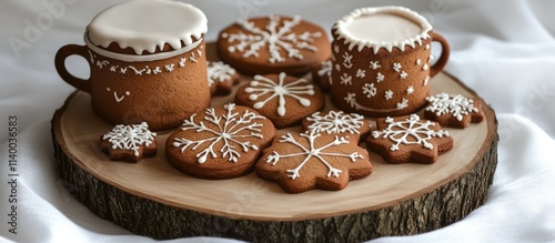 Gingerbread cookies and festive mugs displayed on a wooden board perfect for Christmas celebrations and holiday gatherings. photo