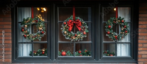 Elegant Christmas wreath decorations adorning windows of a traditional brick building showcasing festive holiday charm and warmth. photo