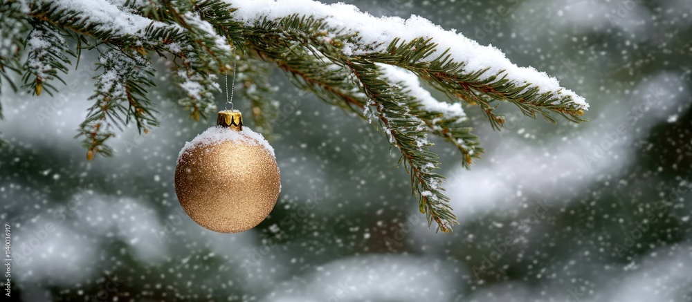 Obraz premium Snow-covered fir twigs adorned with golden ornaments creating a festive outdoor Christmas scenery during a gentle snowfall