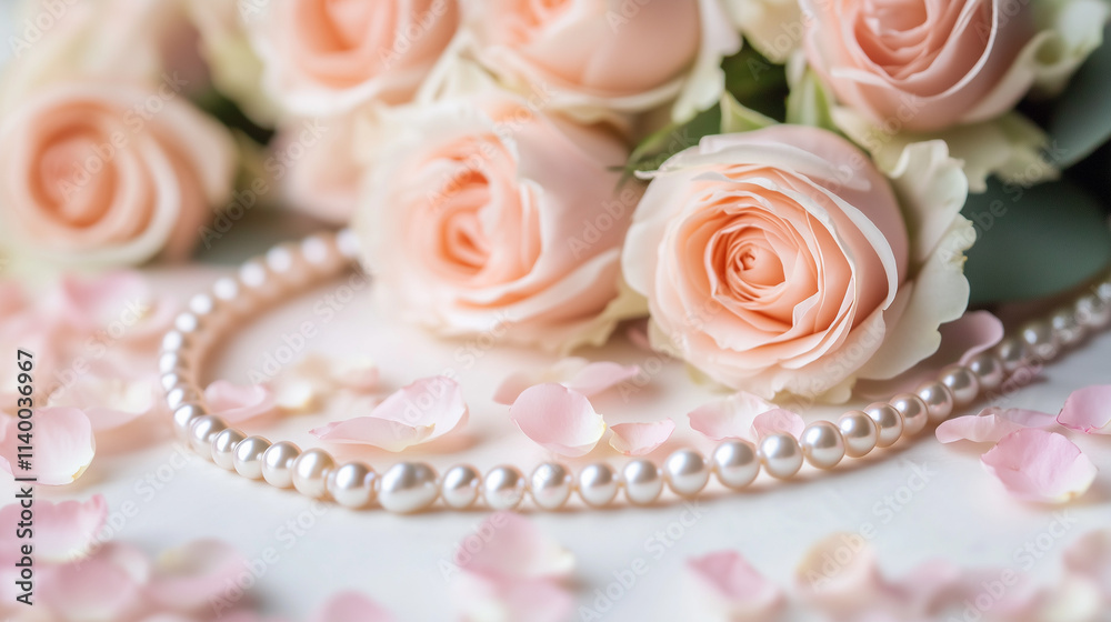 Elegant Pink Roses with Pearls on Soft Pink Background Elegant Pink Roses with Pearls on Soft Pink Background