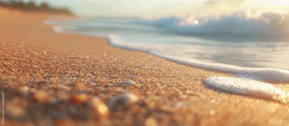 Close up view of fine golden beach sand with gentle ocean waves creating foam in a tranquil coastal setting during sunrise or sunset. Close up view of fine golden beach sand with gentle ocean waves creating foam in a tranquil coastal setting during sunrise or sunset.