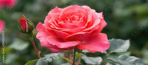 Close up of a blooming pink rose with green leaves and a budding flower in a natural garden setting