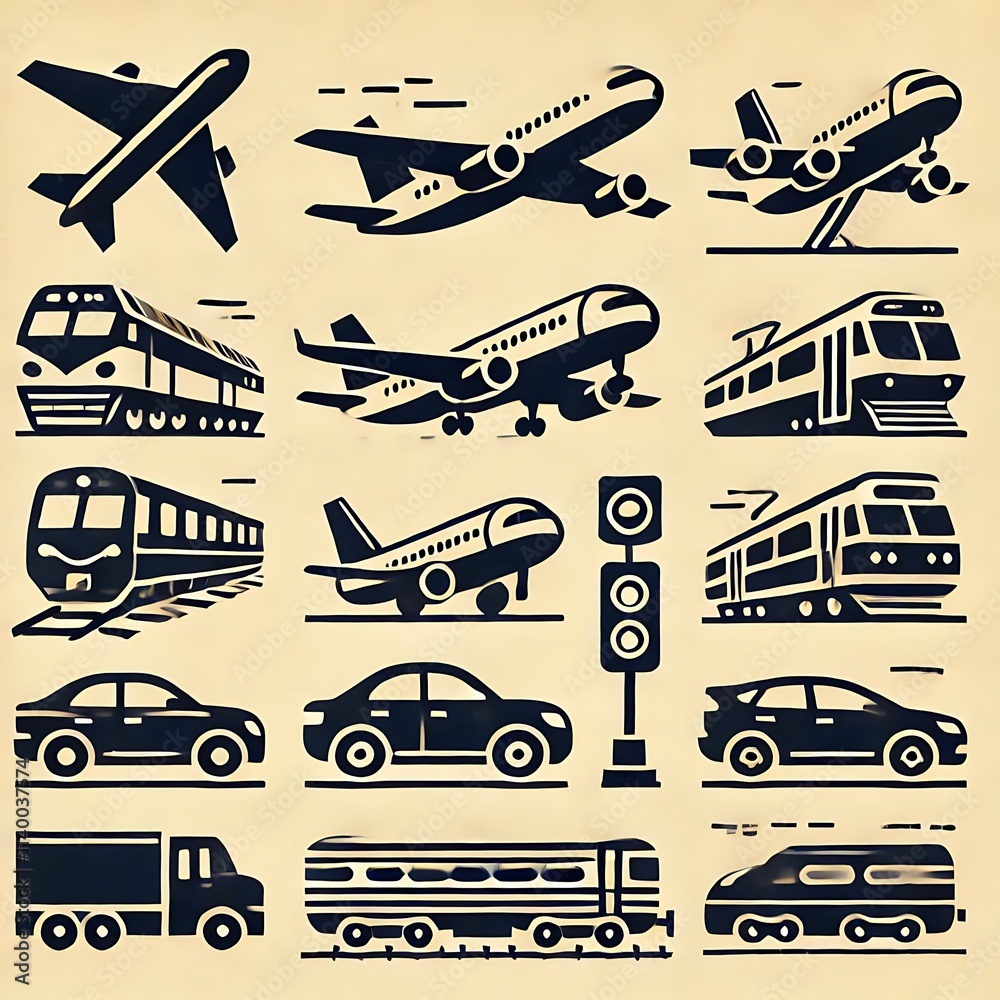 Bold Graphic Icons Representing Modern Modes of Transportation Bold Graphic Icons Representing Modern Modes of Transportation