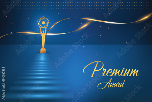 Golden Premium Luxury On Carpet Blue Abstract Background. Royal Ethnic Theme Elements Concept Design Vector Illustration For Grand Music Concert, Movie, Party, Festival Celebration Etc.