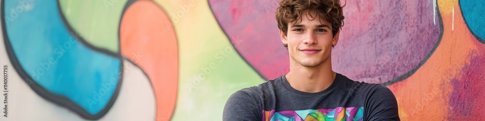 A young man stands confidently in front of a colorful mural, showcasing vibrant art. A young man stands confidently in front of a colorful mural, showcasing vibrant art.
