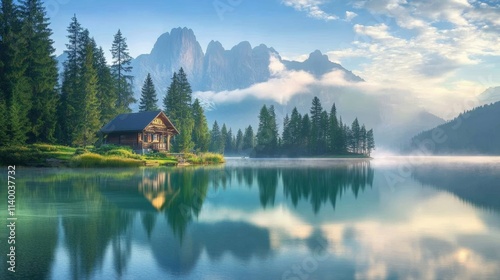 Tranquil Lake Scene with Cozy Cabin Surrounded by Majestic Mountains and Lush Pine Trees