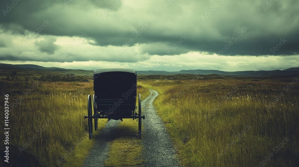 Old Horse-drawn Carriage on a Serene Dirt Path Under Cloudy Sky Old Horse-drawn Carriage on a Serene Dirt Path Under Cloudy Sky
