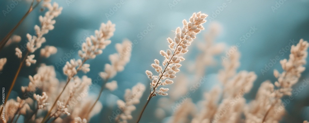 Delicate dry plants swaying in gentle breeze, creating serene atmosphere Delicate dry plants swaying in gentle breeze, creating serene atmosphere