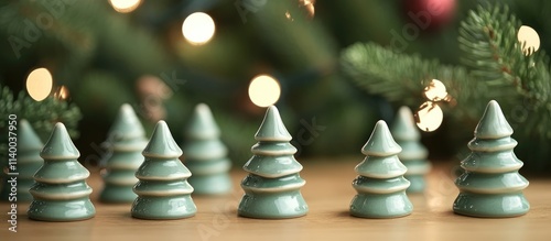 Ceramic Christmas tree figurines with festive bokeh lights creating a cozy holiday atmosphere and shallow depth of field effect photo