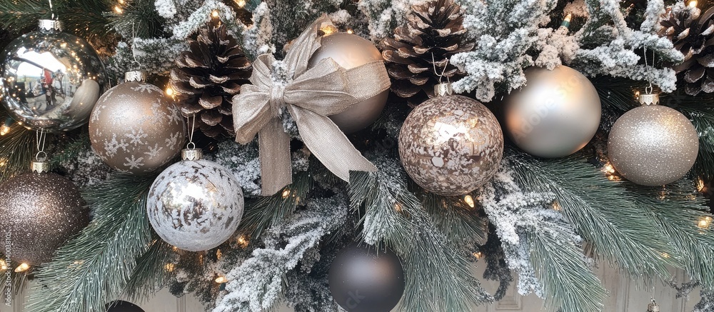 Festive close-up of decorated tree branches with ornaments ribbon pine cones and snowflakes creating a winter wonderland atmosphere Festive close-up of decorated tree branches with ornaments ribbon pine cones and snowflakes creating a winter wonderland atmosphere