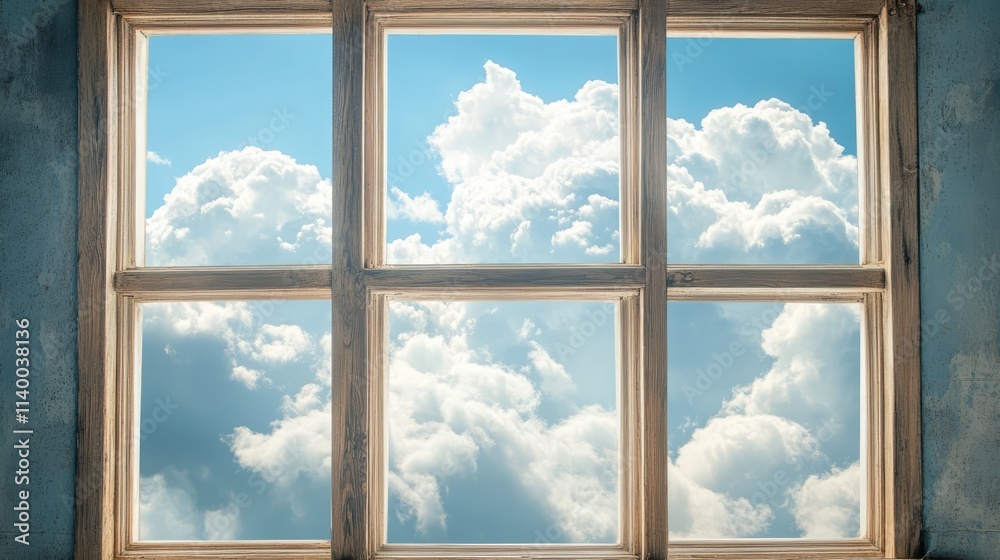 Scenic Cloud View from a Rustic Window Framing a Bright Blue Sky with Fluffy White Clouds Scenic Cloud View from a Rustic Window Framing a Bright Blue Sky with Fluffy White Clouds