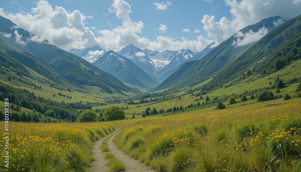 Fototapeta premium Serene Mountain Valley with Wildflowers and Winding Path