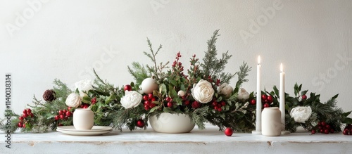 Holiday floral centerpiece arrangement with candles and natural foliage on a rustic stone tabletop for festive table settings