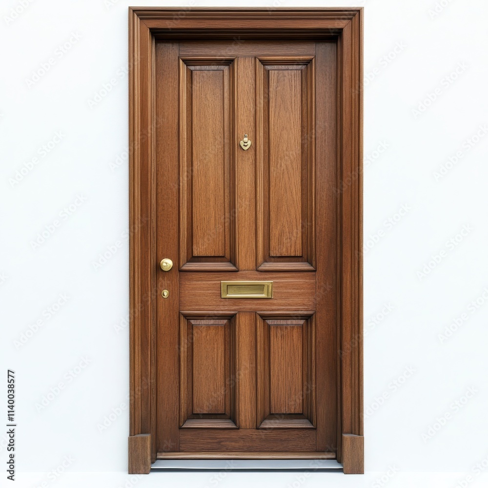 A classic wooden door with a smooth finish and a brass doorknob on a white background A classic wooden door with a smooth finish and a brass doorknob on a white background