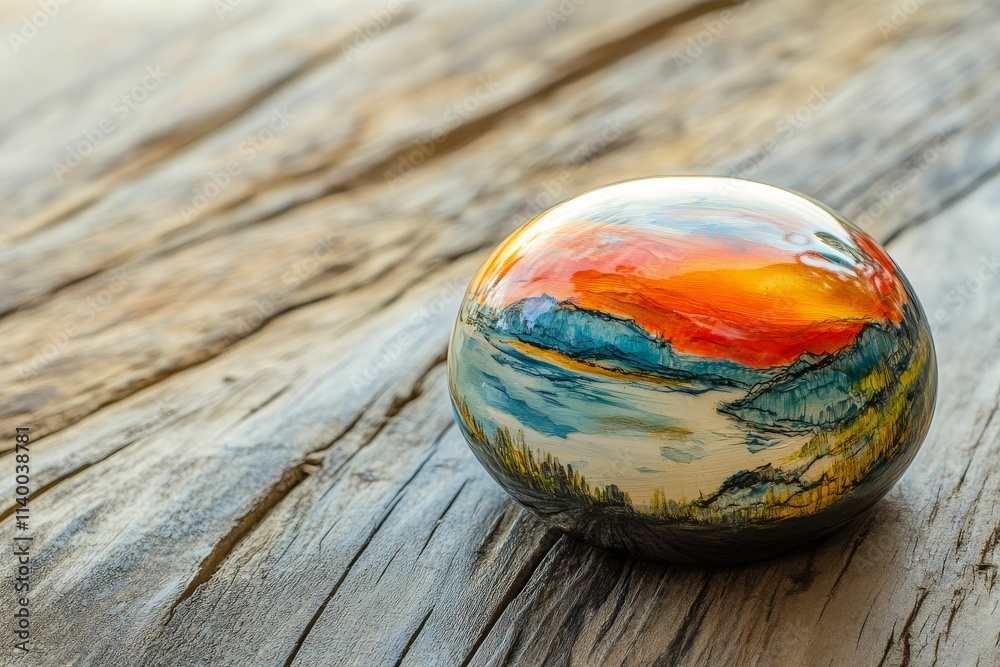 Painted sphere, landscape scene, rests on wood. Painted sphere, landscape scene, rests on wood.