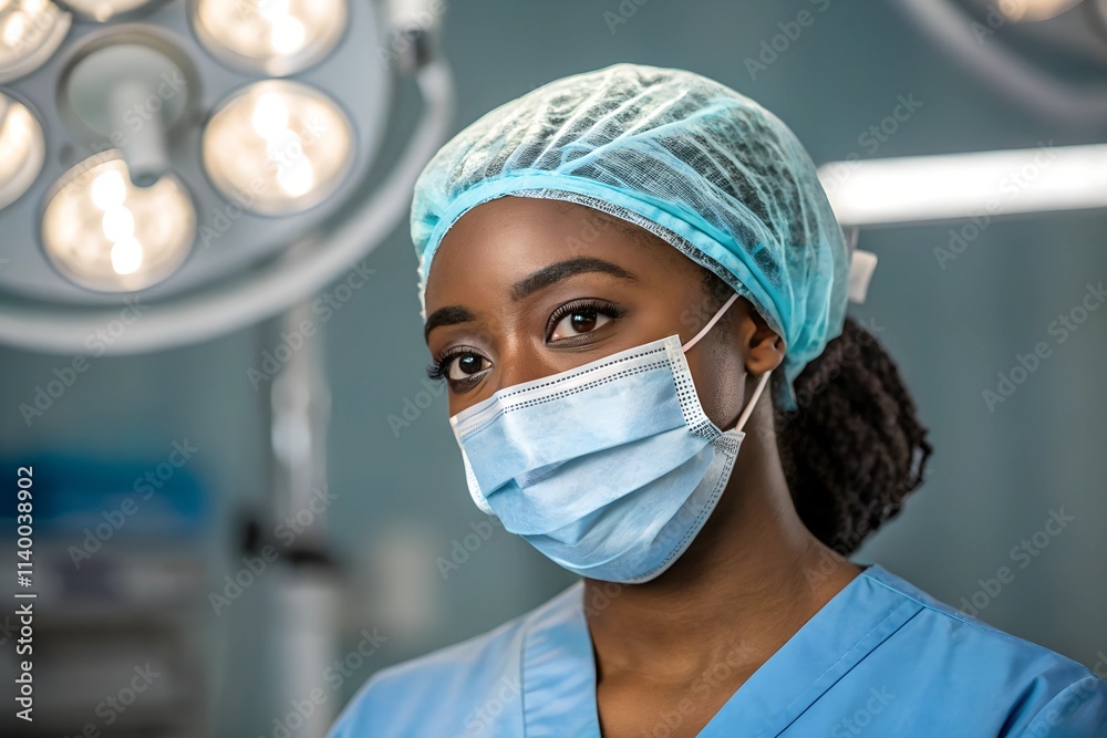 Portrait of a young Black female doctor wearing a surgical mask and cap, standing under bright lights in a modern hospital operating room. Portrait of a young Black female doctor wearing a surgical mask and cap, standing under bright lights in a modern hospital operating room.