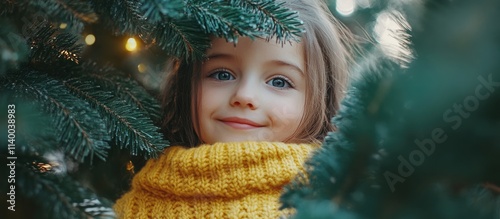 Cheerful girl in cozy yellow sweater smiles from behind Christmas tree celebrating joy of the festive season photo