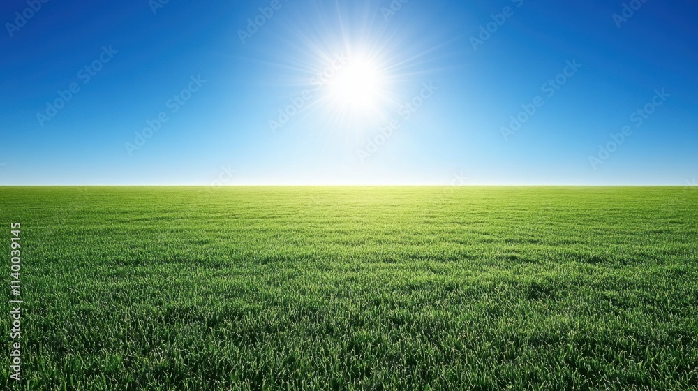 Obraz premium Lush Green Field Under Bright Sunlight and Clear Blue Sky