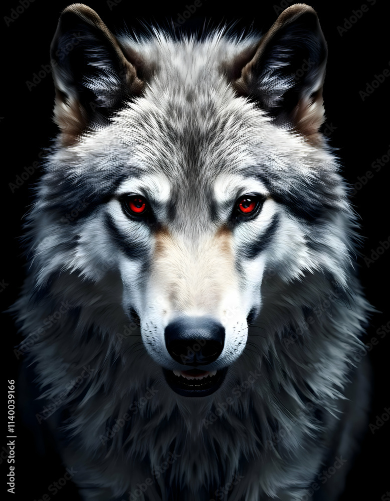 Fototapeta premium Intense Gaze of the Gray Wolf Red Eyes in the Dark Night