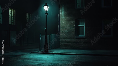 Lonely Street Corner at Night with Streetlamp Illumination