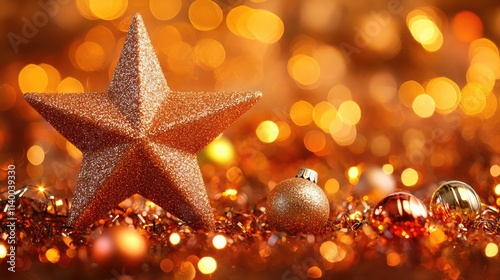Festive Christmas ornament with shimmering star and colorful baubles over sparkling background creating a warm winter holiday atmosphere