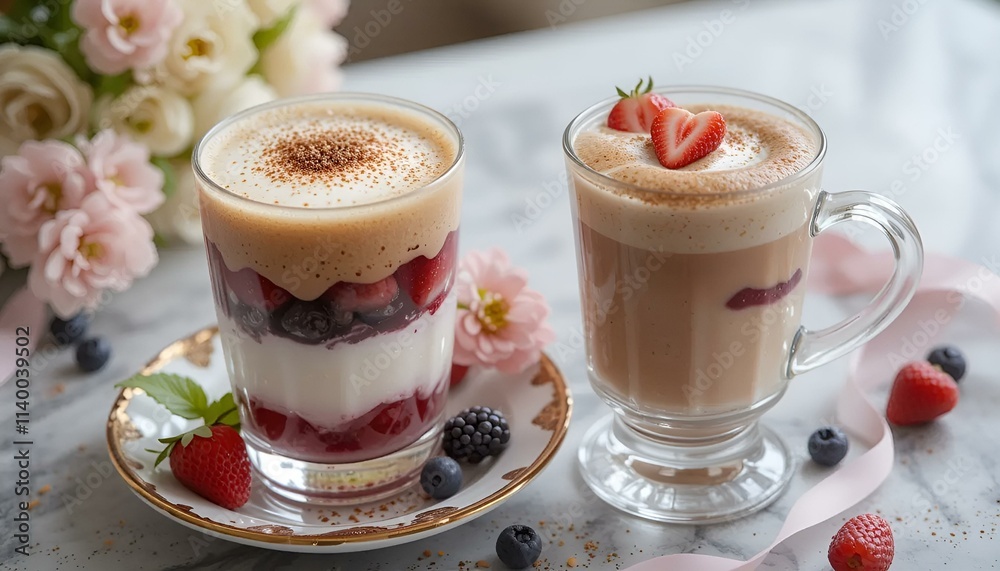 Delicious layered berry dessert and creamy coffee drink garnished with fresh strawberries Delicious layered berry dessert and creamy coffee drink garnished with fresh strawberries