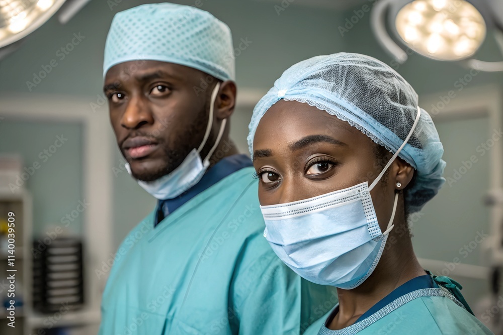 Two surgeons wearing light blue scrubs, caps, and masks stand in an operating room. The hospital setting highlights their readiness, precision, and professionalism in medical care.