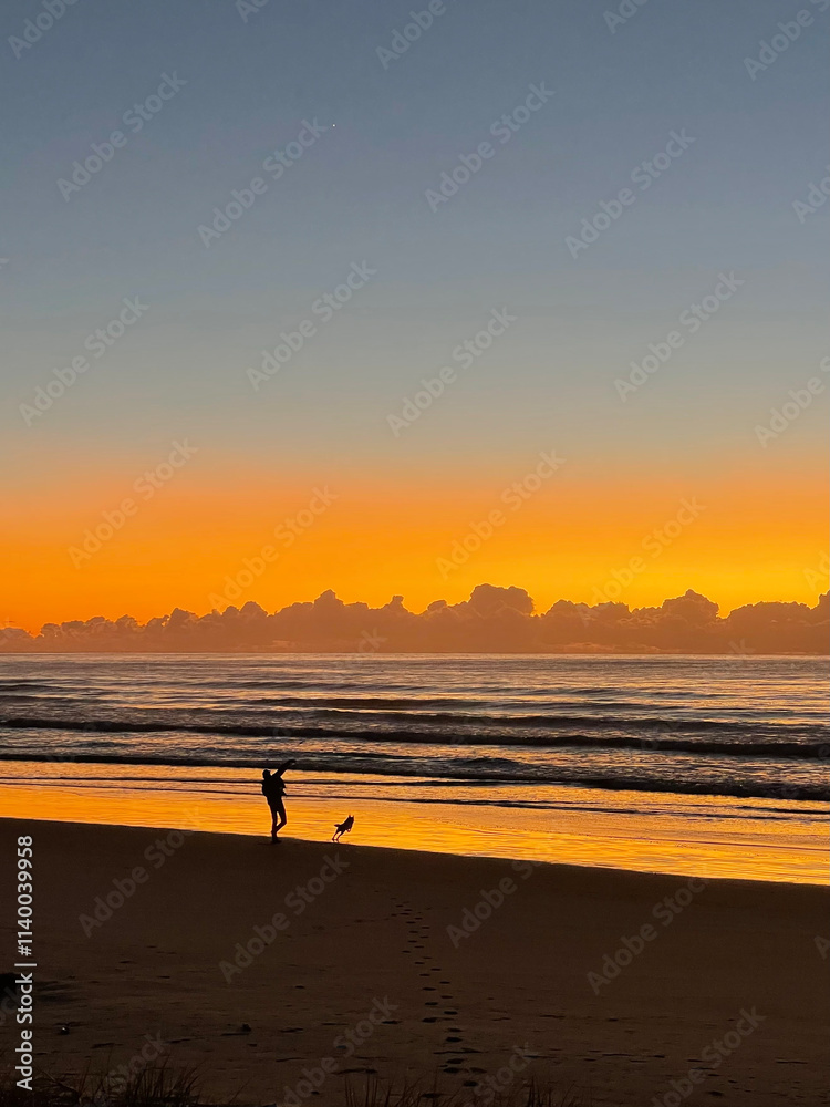 sunrise at the beach with a person throwing a stick for their dog sunrise at the beach with a person throwing a stick for their dog
