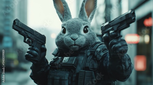 A rabbit in tactical gear, wielding guns in an urban setting. photo