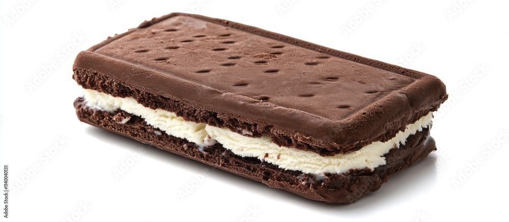 Chocolate ice cream sandwich dessert with crisp cookie layers on white background Chocolate ice cream sandwich dessert with crisp cookie layers on white background