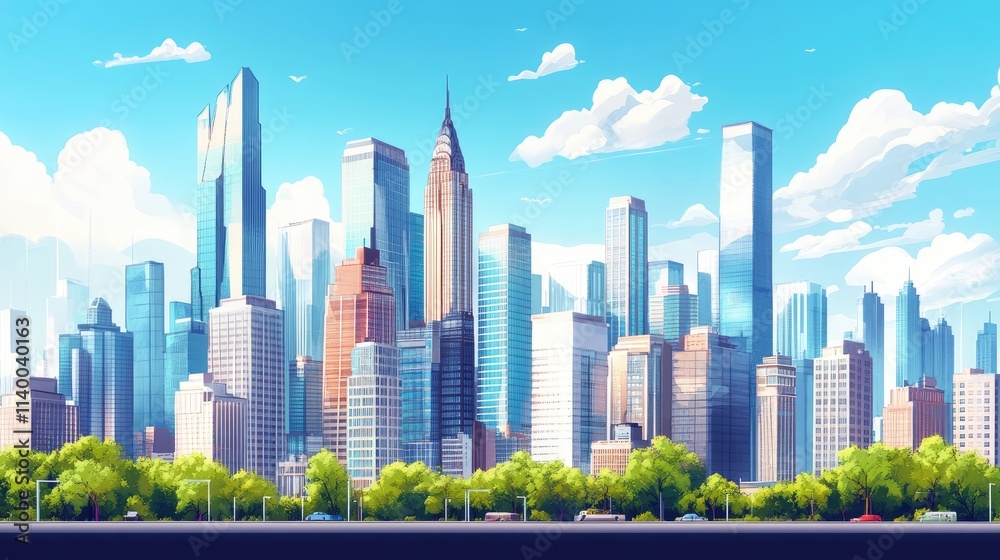 Fototapeta premium Sunny cityscape panorama with skyscrapers and green park.