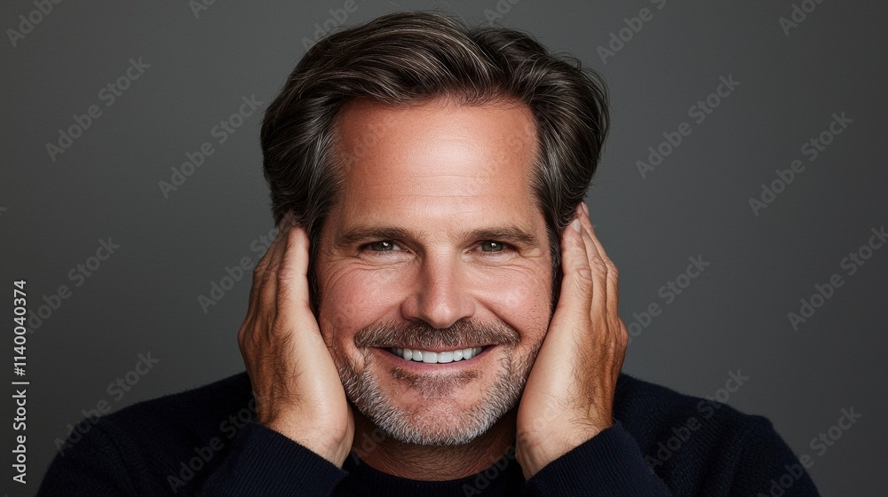 Happy Mature Man Smiling Portrait Hands on Face Gray Background Happy Mature Man Smiling Portrait Hands on Face Gray Background