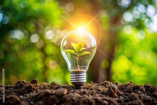 Light bulb with a green tree growing, isolated background.