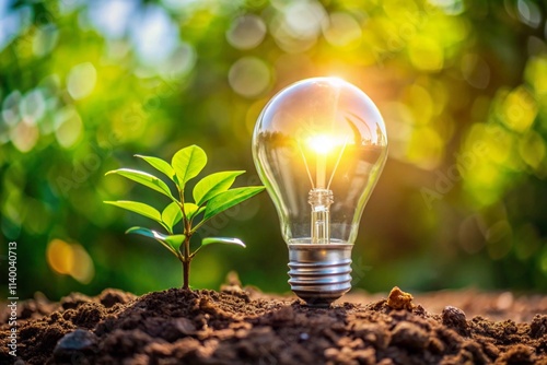 Light bulb with a green tree growing, isolated background.