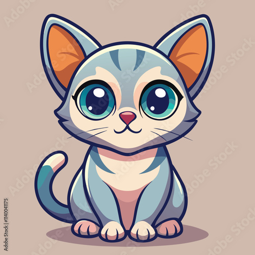 Cute little hairless sphynx kitten with white spots and big green eyes sitting straight on beige background 