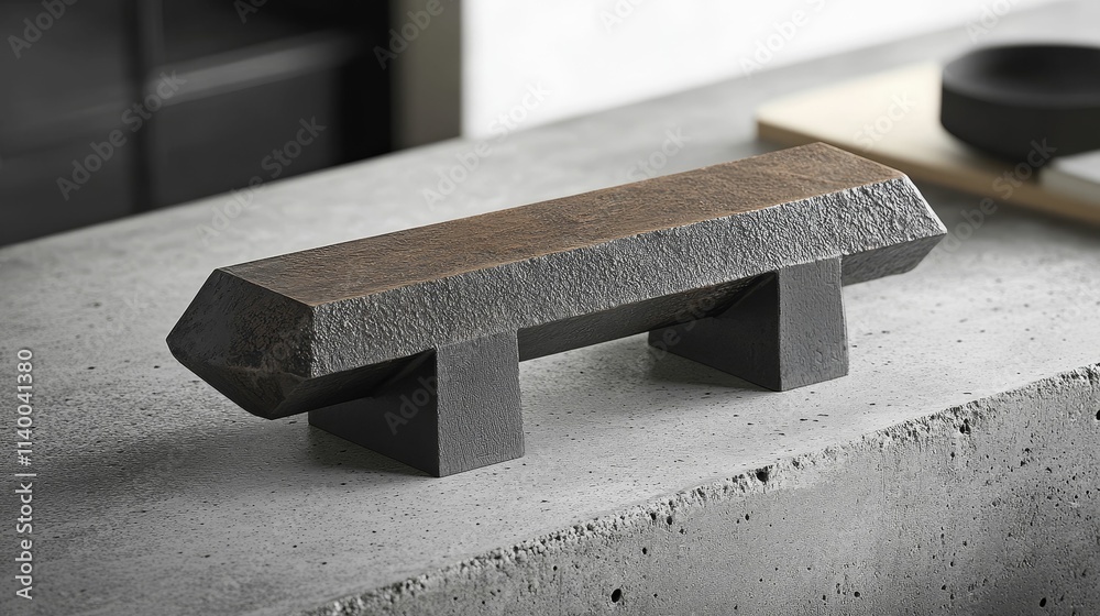 Rough-textured handle, dark metal, sits on gray surface. Rough-textured handle, dark metal, sits on gray surface.