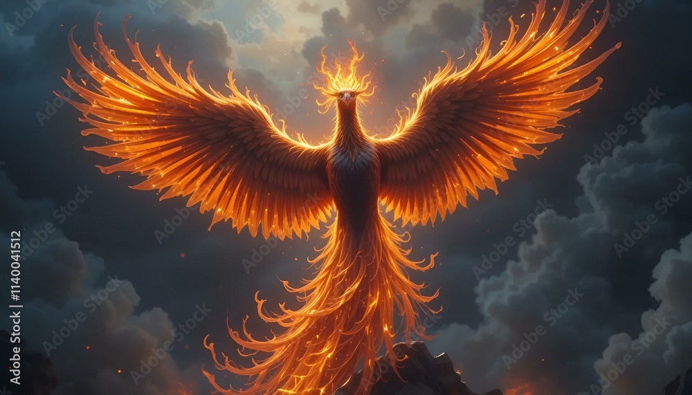 Majestic phoenix rising from ashes with fiery wings against a dramatic cloudy sky Majestic phoenix rising from ashes with fiery wings against a dramatic cloudy sky