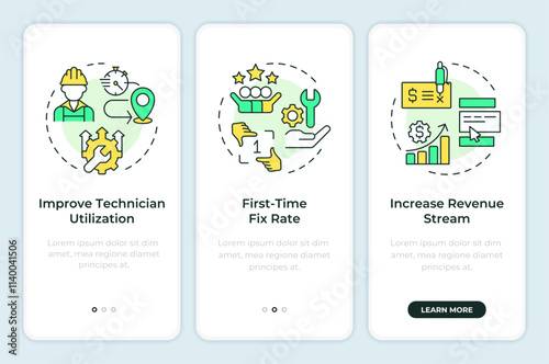 Benefit of FSM onboarding mobile app screen. Improve business. Walkthrough 3 steps editable graphic instructions with linear concepts. UI, UX, GUI template. Montserrat SemiBold, Regular fonts used