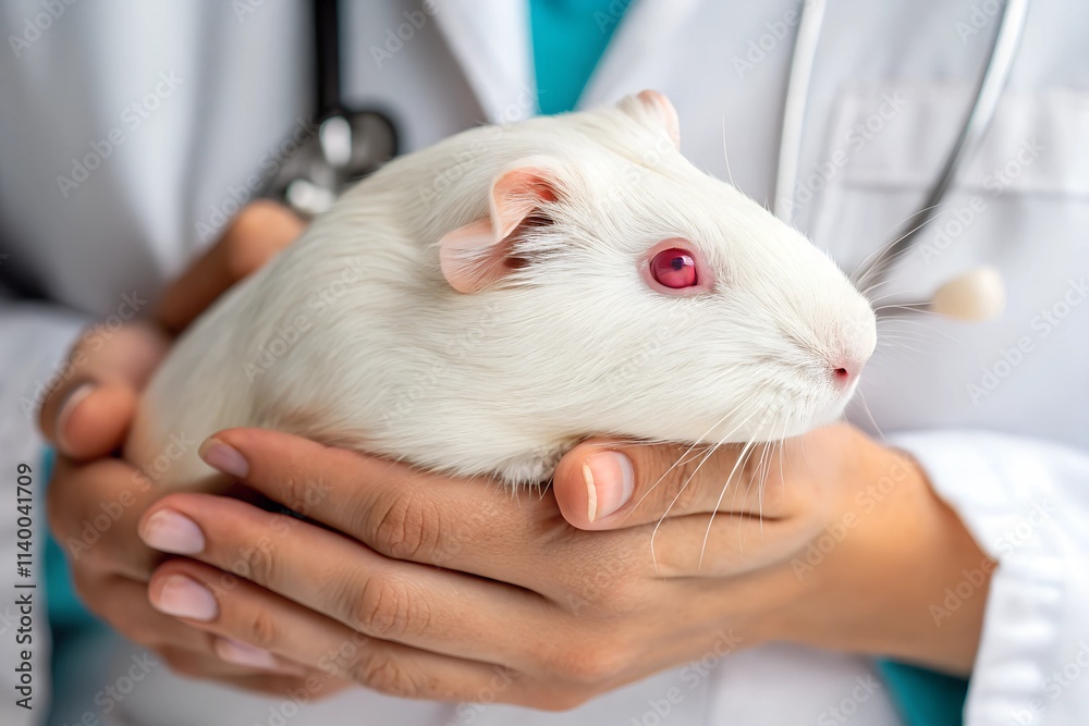 A white albino guinea pig with striking red eyes cradled gently in a veterinarian's hands, showcasing professional animal care and pet health checkups. A white albino guinea pig with striking red eyes cradled gently in a veterinarian's hands, showcasing professional animal care and pet health checkups.
